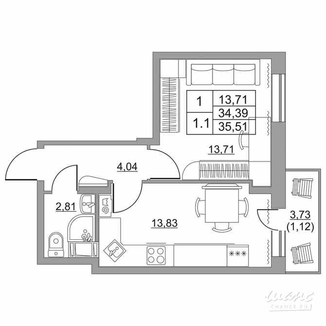 1-к квартира, 34.2 м², этаж 10/11 Им Свердлова - изображение 1