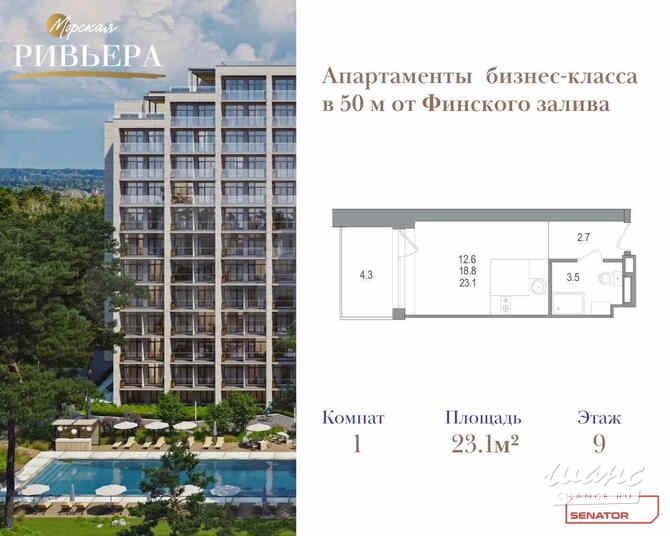 1-к квартира, 23.1 м², этаж 9/12 Зеленогорск - изображение 1