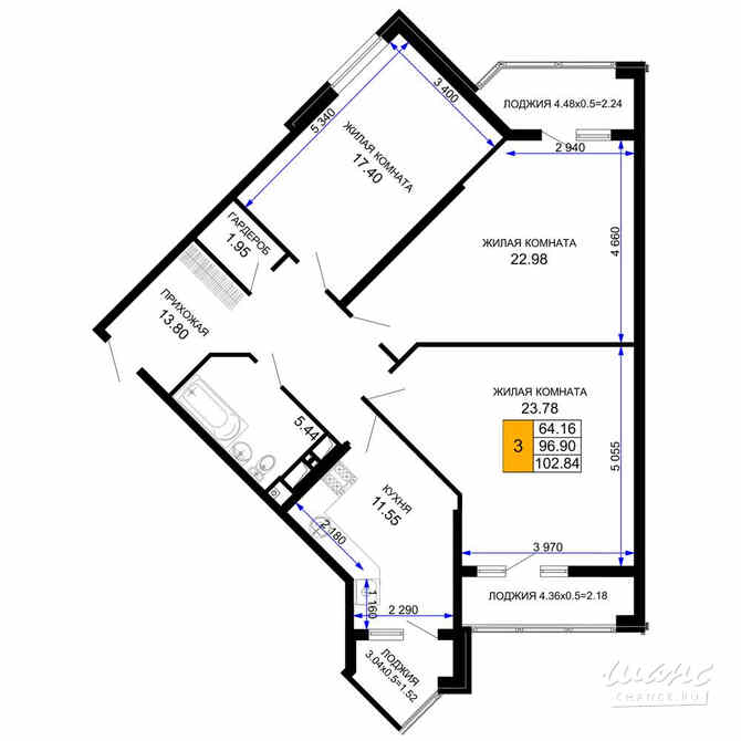 3-к квартира, 104 м², этаж 11/12 Краснодар - изображение 3
