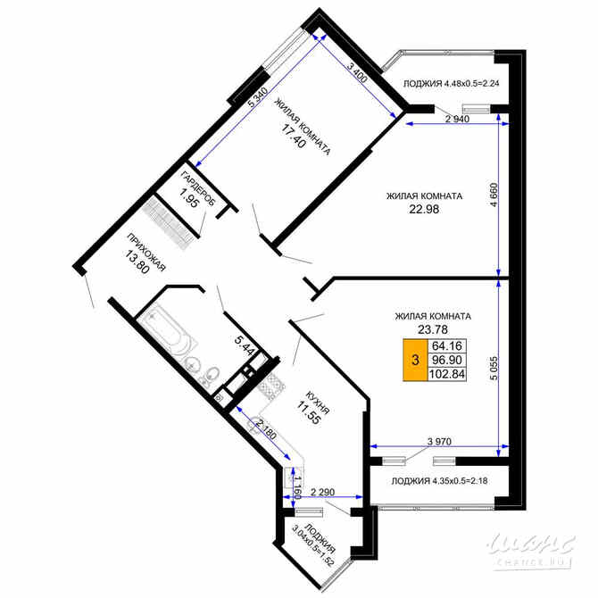 3-к квартира, 104.55 м², этаж 11/12 Краснодар - изображение 3