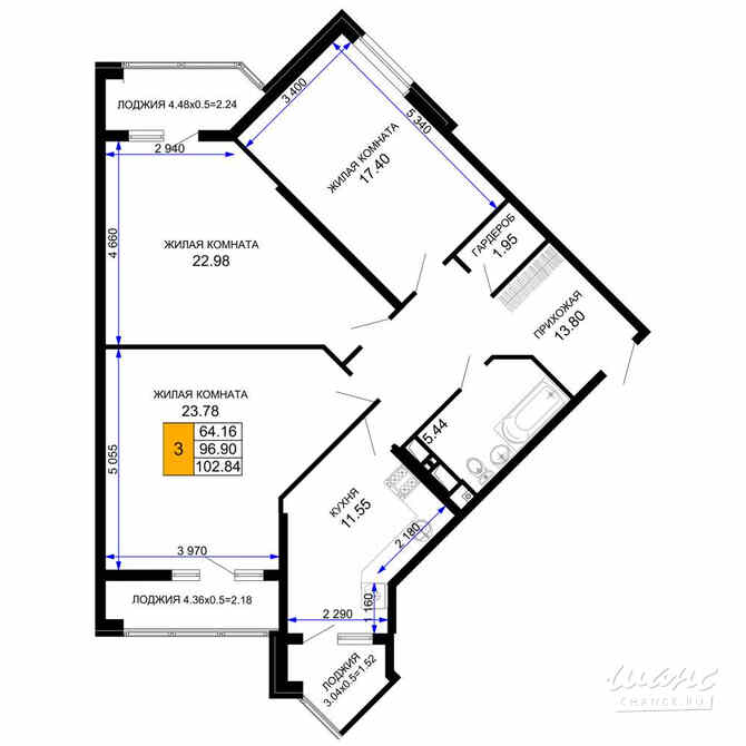 3-к квартира, 104.75 м², этаж 11/12 Краснодар - изображение 3
