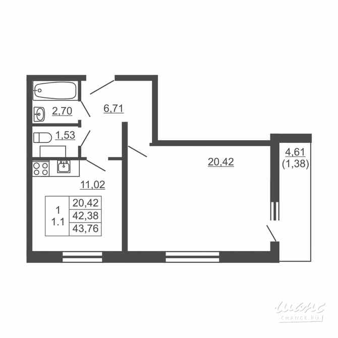 1-к квартира, 43.76 м², этаж 5/16 Им Свердлова - изображение 1