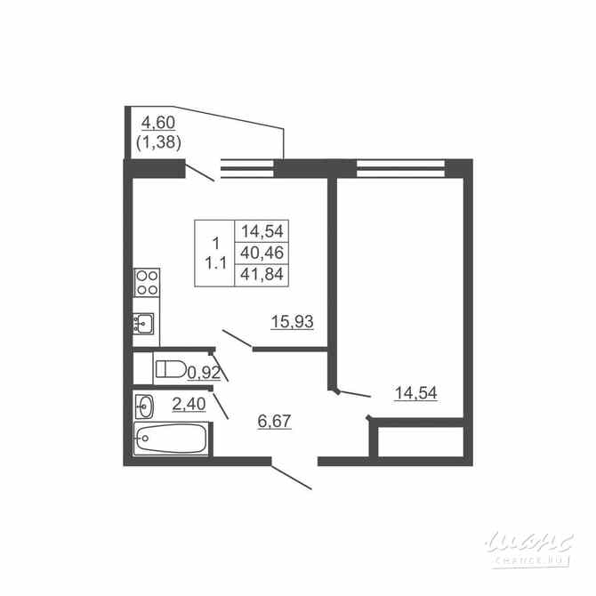 1-к квартира, 41.84 м², этаж 14/16 Им Свердлова - изображение 1