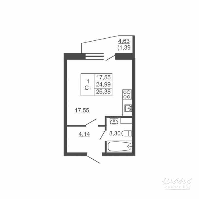 1-к квартира, 26.38 м², этаж 9/16 Им Свердлова - изображение 1