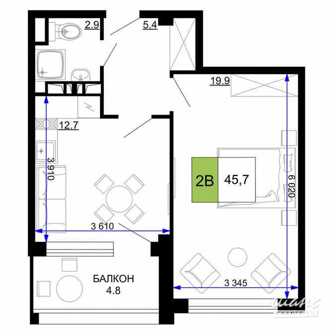 2-к квартира, 45.7 м², этаж 2/9 Анапа - изображение 3
