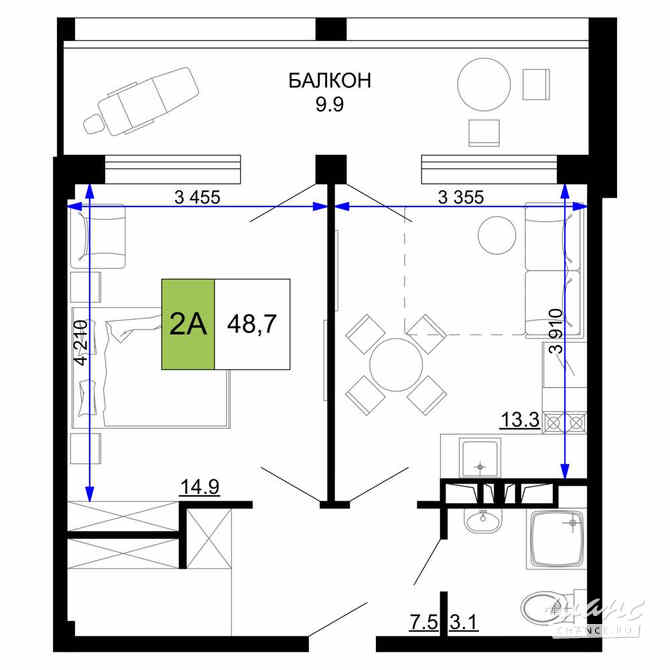 2-к квартира, 48.7 м², этаж 3/9 Анапа - изображение 3
