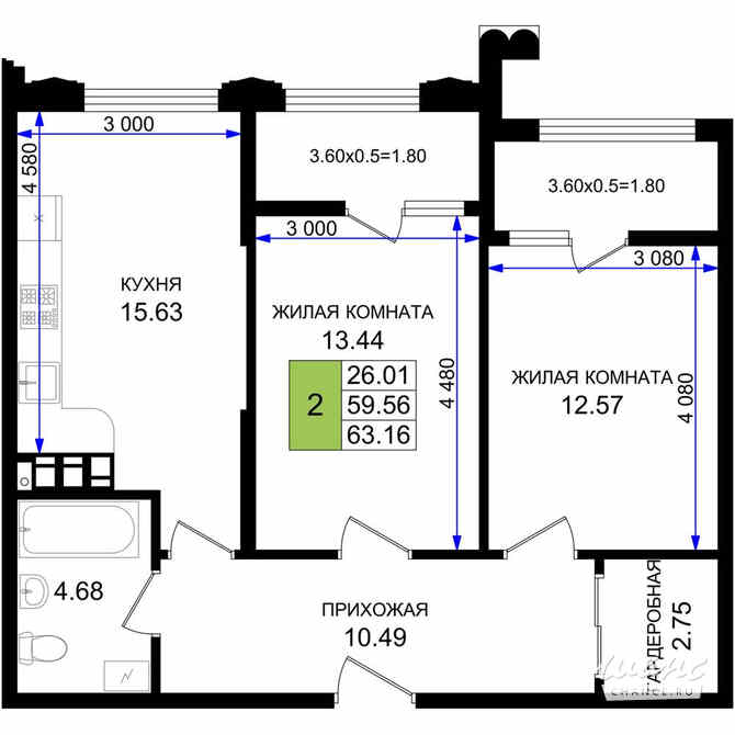 2-к квартира, 63.16 м², этаж 2/8 Новороссийск - изображение 3