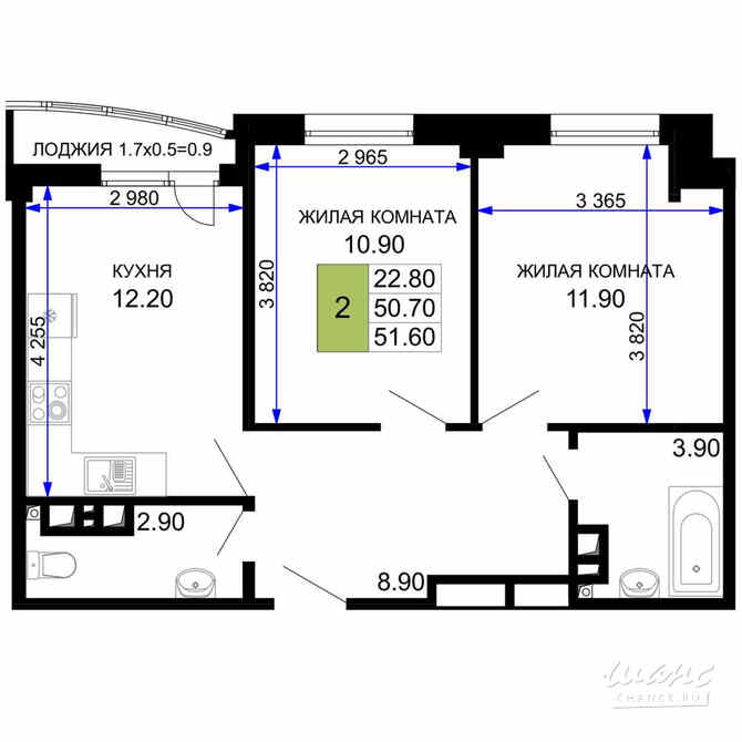 2-к квартира, 51.85 м², этаж 3/9 Анапа - изображение 3