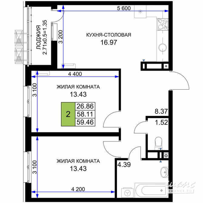 2-к квартира, 59.46 м², этаж 11/18 Краснодар - изображение 3