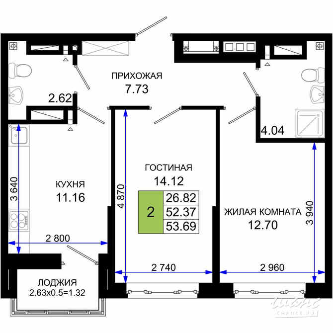 2-к квартира, 53.69 м², этаж 19/25 Ростов-на-Дону - изображение 3