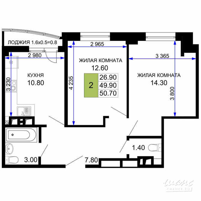 2-к квартира, 49.15 м², этаж 2/9 Анапа - изображение 3