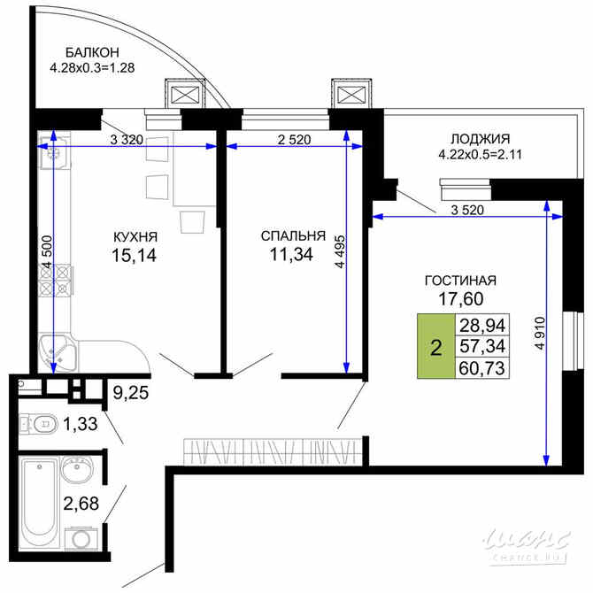 2-к квартира, 60.73 м², этаж 12/12 Майкоп - изображение 3