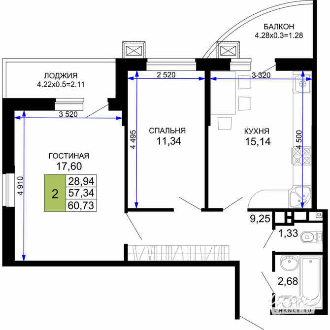 2-к квартира, 60.73 м², этаж 11/12 Майкоп - изображение 3
