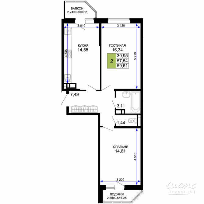 2-к квартира, 59.61 м², этаж 10/12 Майкоп - изображение 3