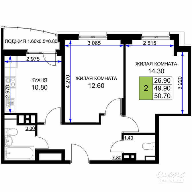 2-к квартира, 48.5 м², этаж 9/12 Анапа - изображение 3