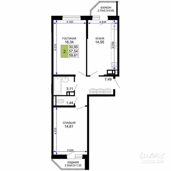2-к квартира, 59.61 м², этаж 11/12 Майкоп - изображение 3