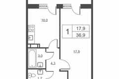 1-к квартира, 36.9 м², этаж 2/14