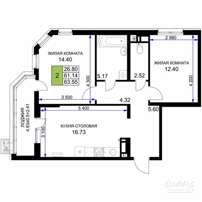 2-к квартира, 63.55 м², этаж 14/18 Краснодар - изображение 3
