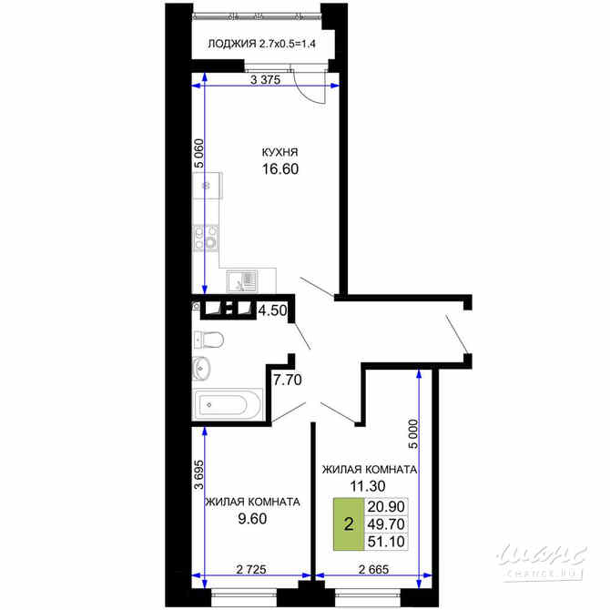2-к квартира, 52.05 м², этаж 2/9 Анапа - изображение 3