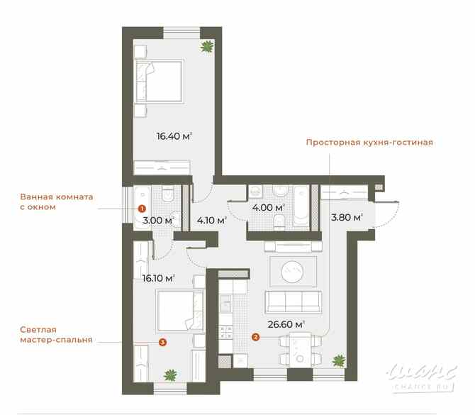 2-к квартира, 74 м², этаж 1/6 Санкт-Петербург - изображение 1
