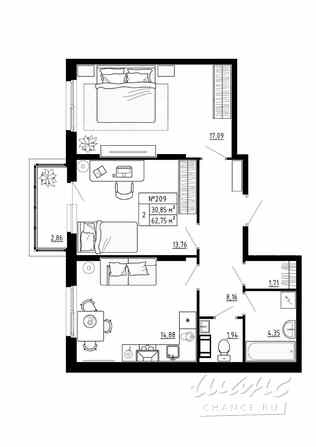 2-к квартира, 62.75 м², этаж 3/4 Ломоносов - изображение 3