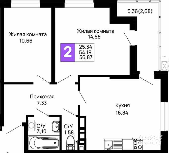 2-к квартира, 56.87 м², этаж 5/16 Майкоп - изображение 3