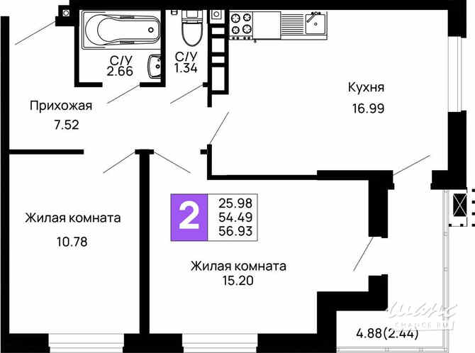 2-к квартира, 56.93 м², этаж 4/14 Майкоп - изображение 3