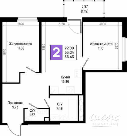 2-к квартира, 55.24 м², этаж 2/23 Всеволожск - изображение 3