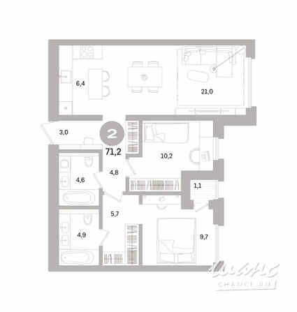 2-к квартира, 71.15 м², этаж 14/16 Санкт-Петербург - изображение 3