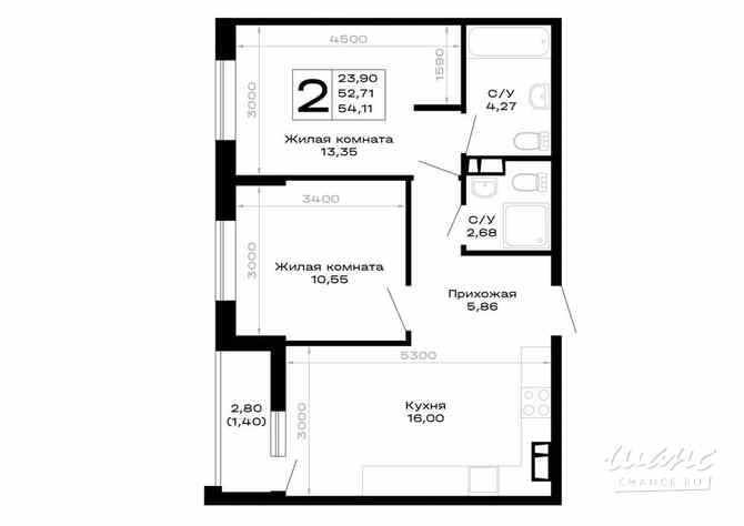 2-к квартира, 54.11 м², этаж 3/16 Майкоп - изображение 3