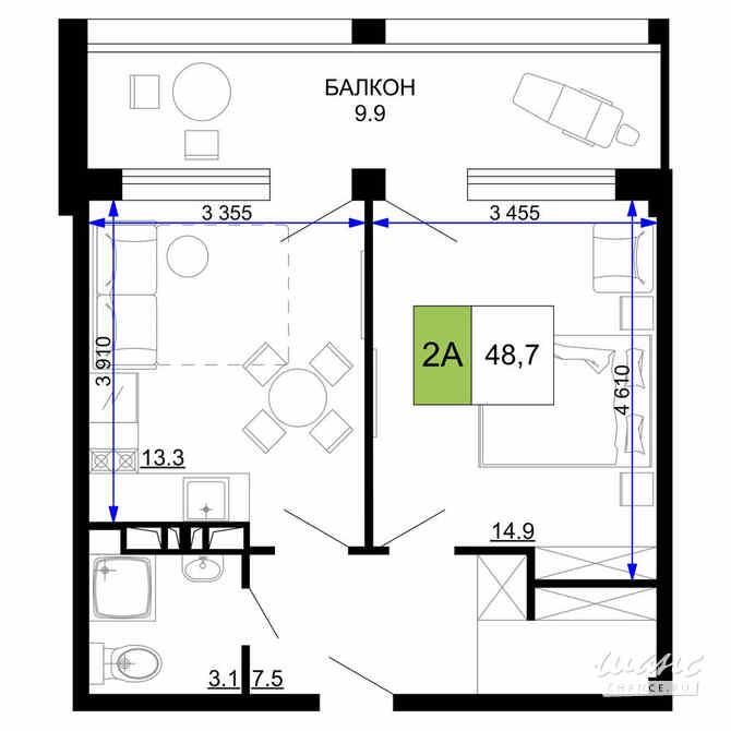 2-к квартира, 48.7 м², этаж 3/9 Анапа - изображение 3