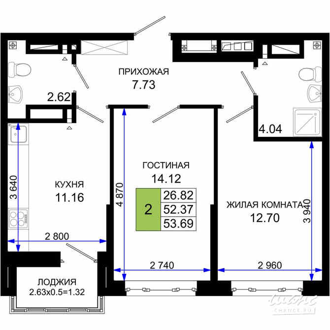 2-к квартира, 53.69 м², этаж 22/25 Ростов-на-Дону - изображение 3