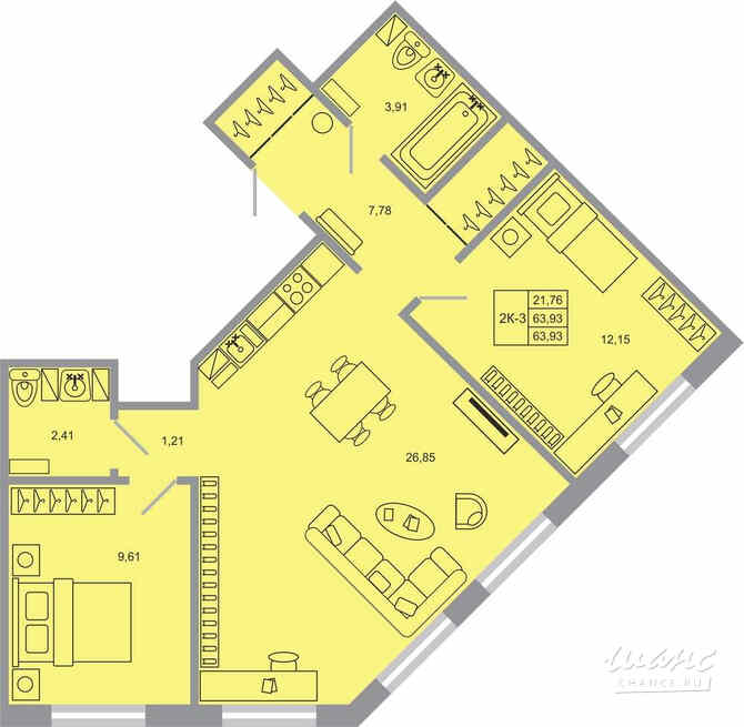 2-к квартира, 63.93 м², этаж 2/17 Бугры - изображение 1