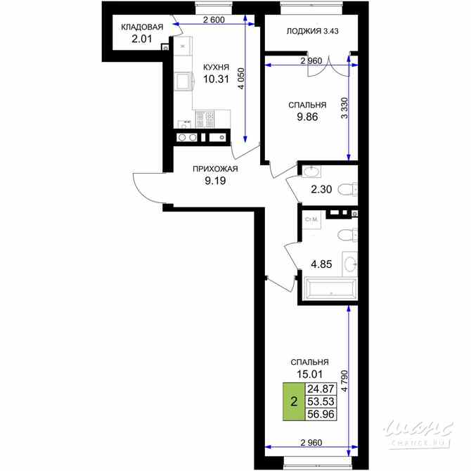 2-к квартира, 55.25 м², этаж 3/7 Гурьевск - изображение 3