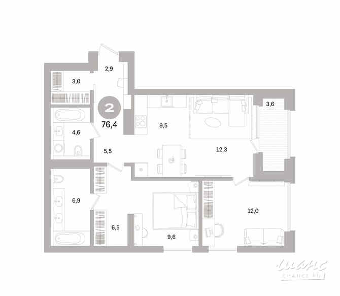 2-к квартира, 76.44 м², этаж 4/16 Санкт-Петербург - изображение 3