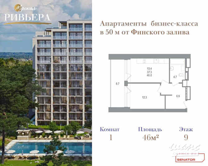 1-к квартира, 46 м², этаж 9/12 Зеленогорск - изображение 1