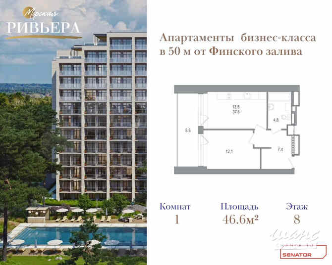 1-к квартира, 46.6 м², этаж 8/12 Зеленогорск - изображение 2
