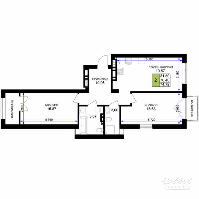 2-к квартира, 76 м², этаж 6/7 Гурьевск - изображение 3