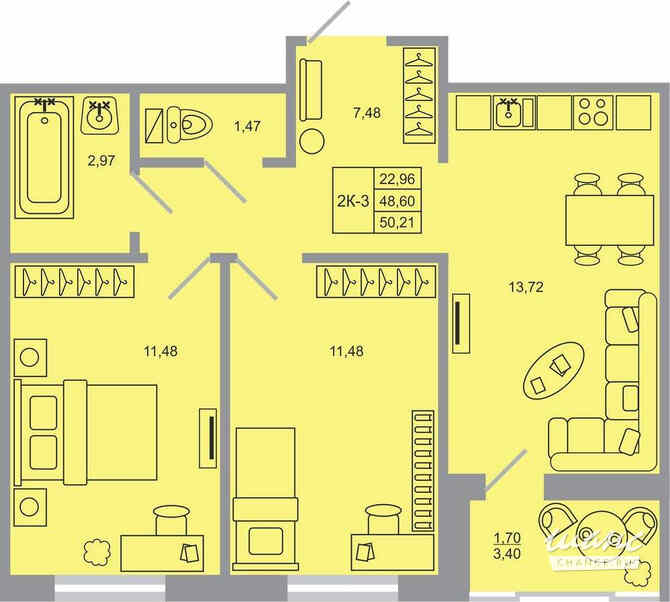 2-к квартира, 50.21 м², этаж 12/20 Бугры - изображение 1
