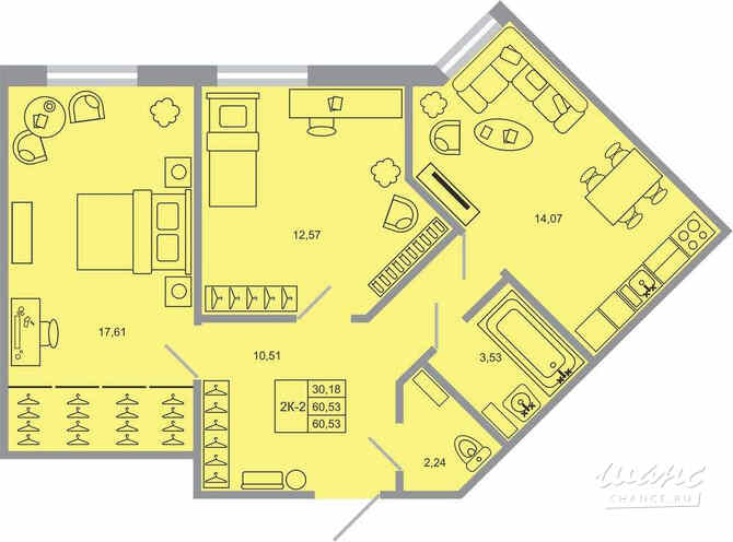 2-к квартира, 59.9 м², этаж 2/17 Бугры - изображение 1