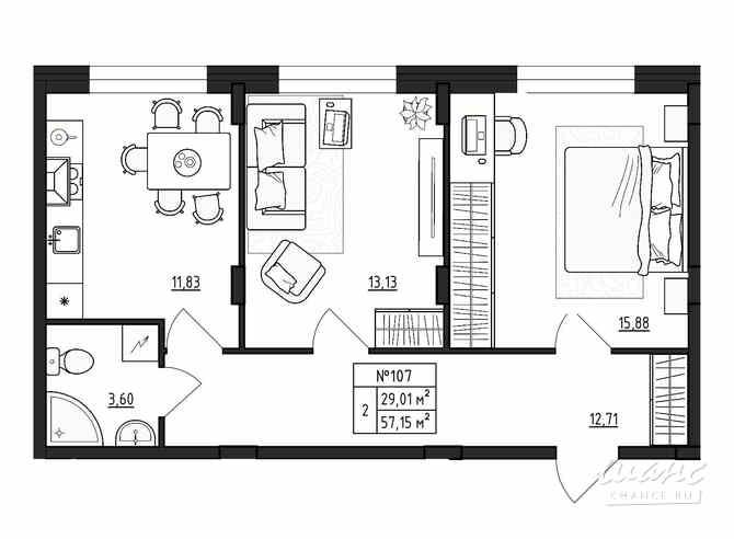 2-к квартира, 57.15 м², этаж 1/4 Гатчина - изображение 3