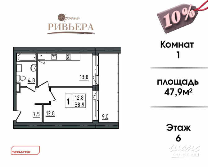1-к квартира, 47.9 м², этаж 6/12 Зеленогорск - изображение 1