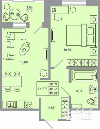1-к квартира, 33.58 м², этаж 6/20 Бугры - изображение 1