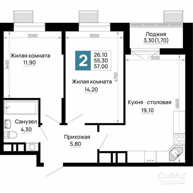 2-к квартира, 57 м², этаж 10/16 Тахтамукай - изображение 1