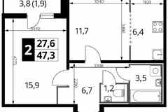 2-к квартира, 47.4 м², этаж 24/24