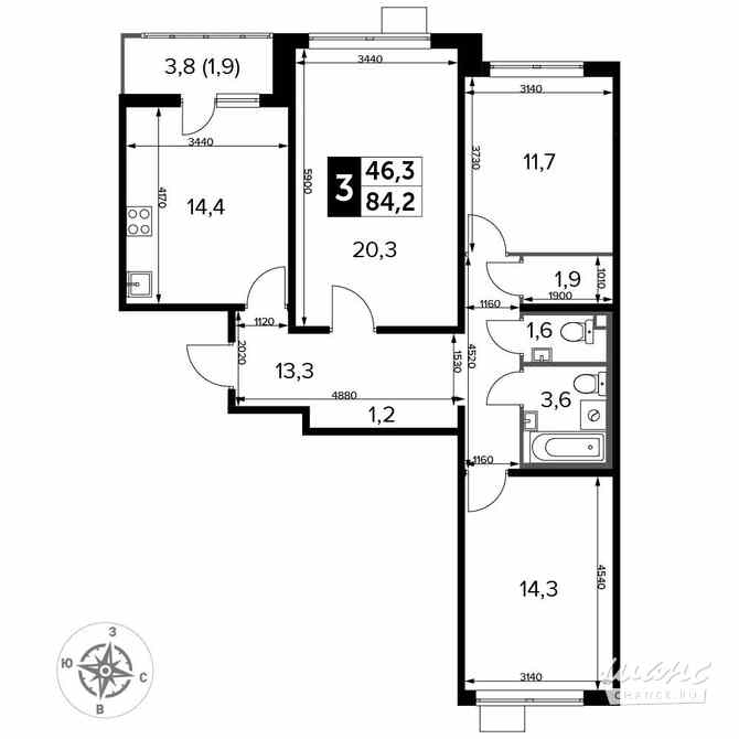 3-к квартира, 84.2 м², этаж 24/25 Люберцы - изображение 1