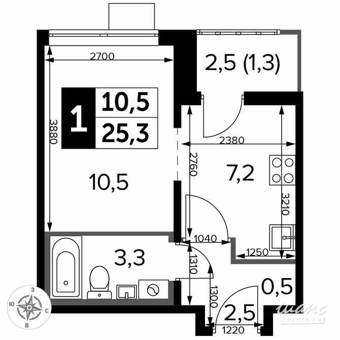 1-к квартира, 25.2 м², этаж 18/25 Люберцы - изображение 1