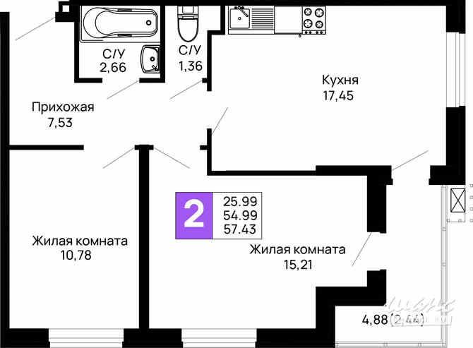 2-к квартира, 57.43 м², этаж 2/16 Майкоп - изображение 3