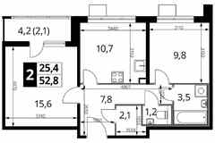 2-к квартира, 52.9 м², этаж 14/24