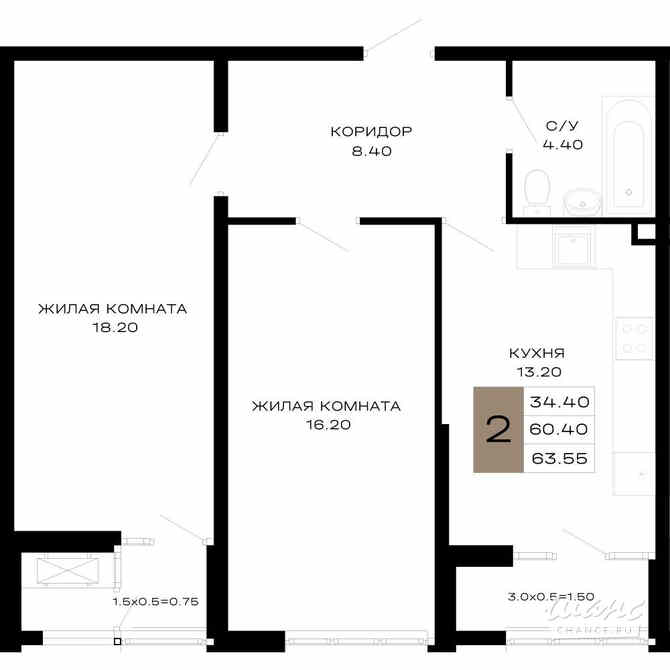 2-к квартира, 63.55 м², этаж 3/23 Краснодар - изображение 2